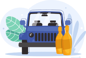 Blue car behind two yellow bottles of alcohol