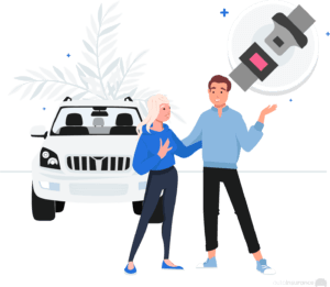 graphic of a man and woman standing in front of a car