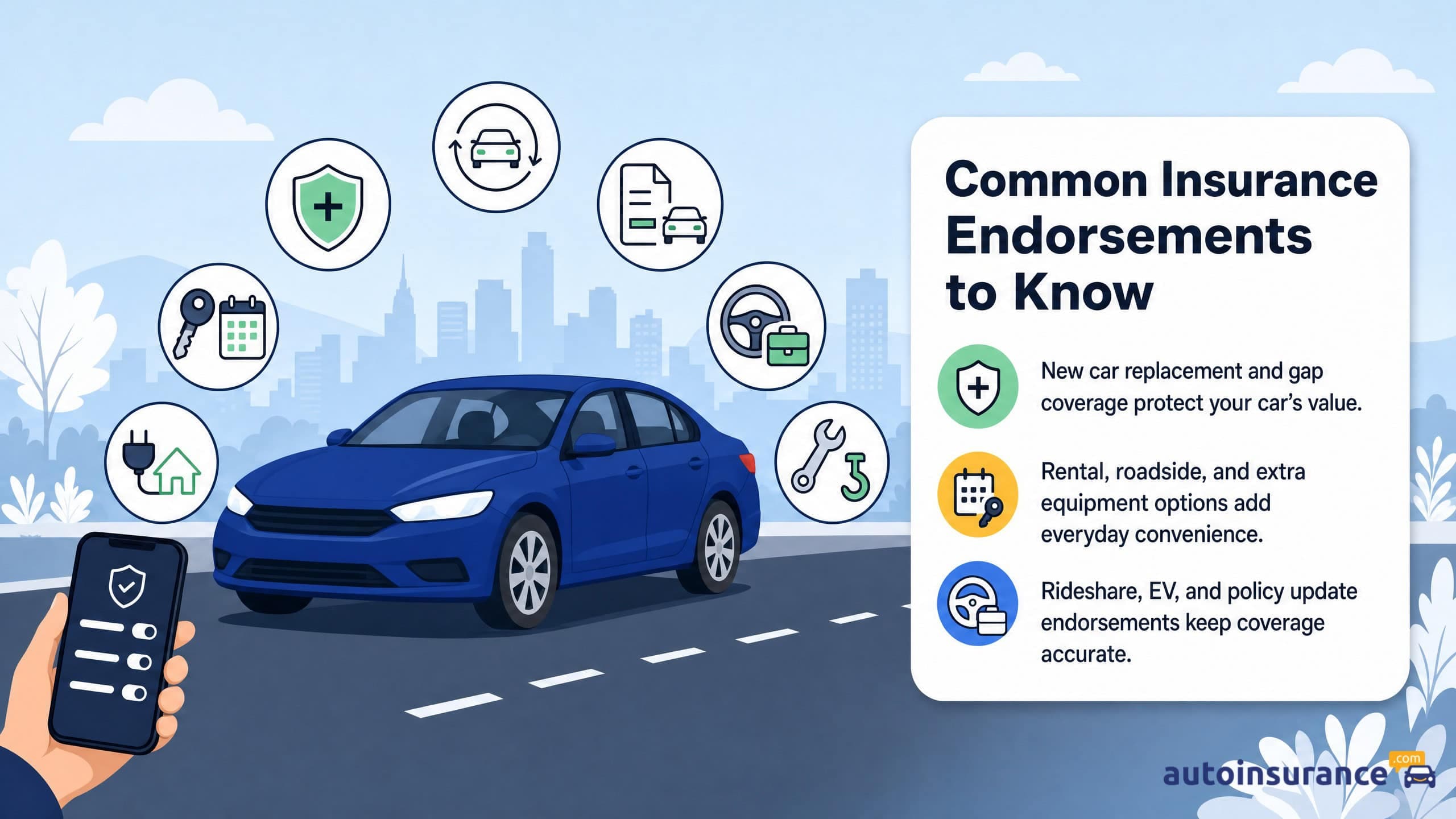 Illustration of a blue car on a road with icons representing different auto insurance endorsements