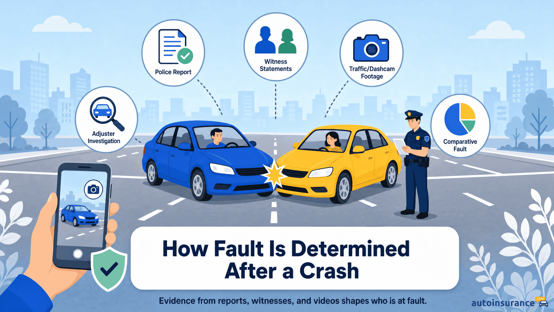 An infographic showing factors used to determine fault after a car accident.