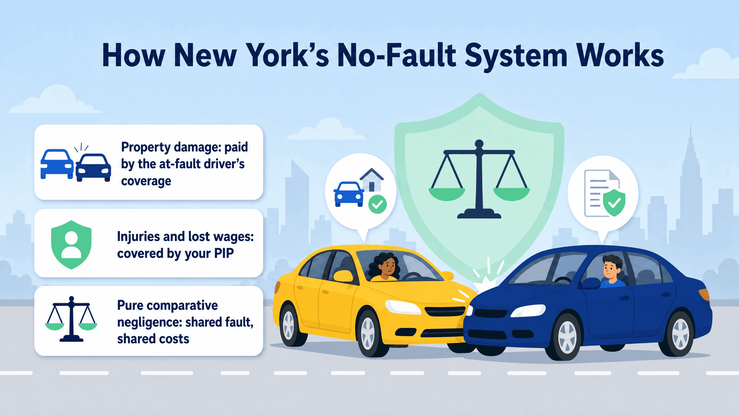Diagram showing how New York no fault laws split costs between property damage and personal injuries
