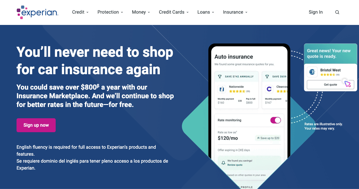 Experian Car Insurance Homepage