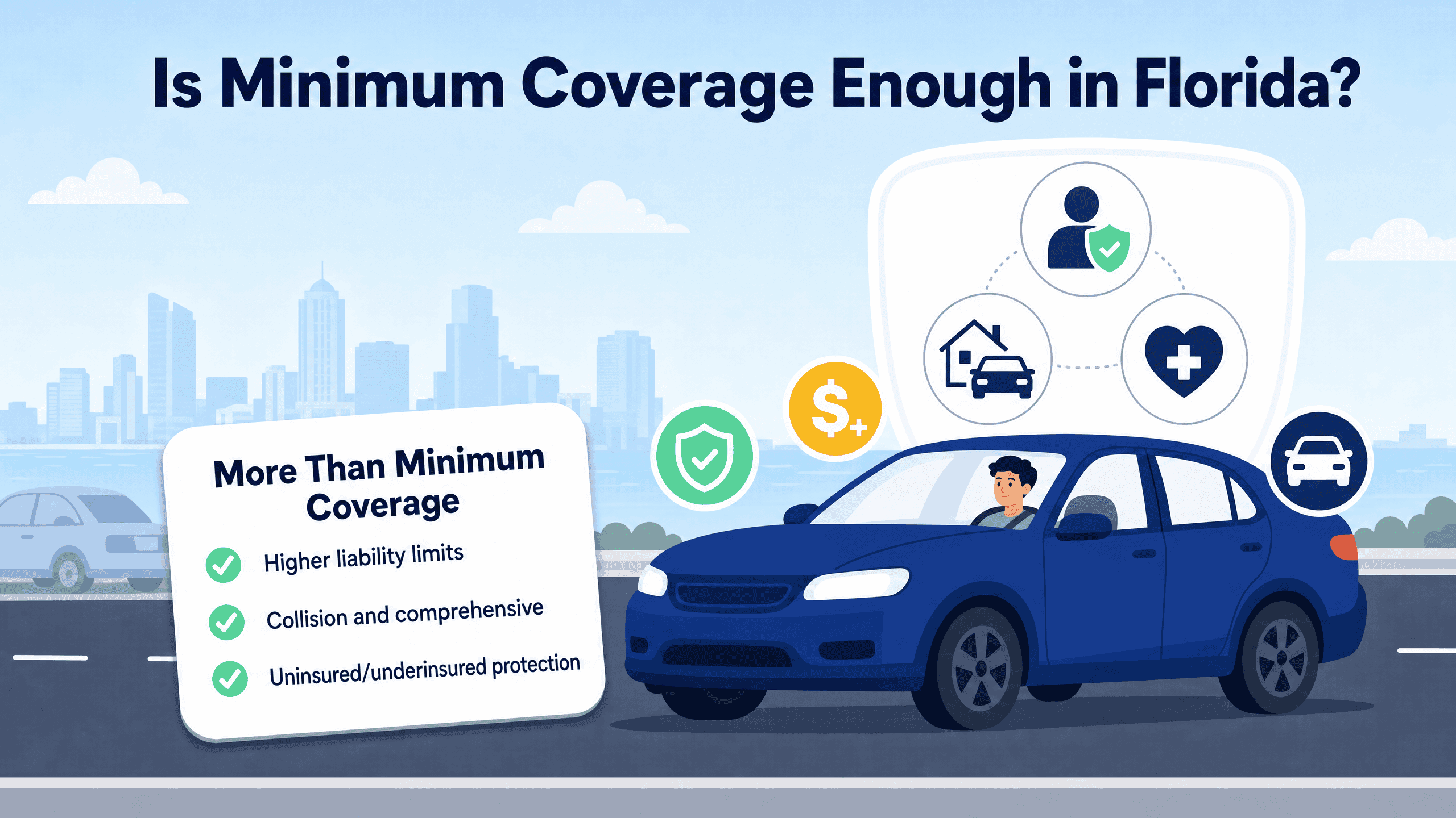 A man driving a blue car with icons showing extra insurance protection against a city background.