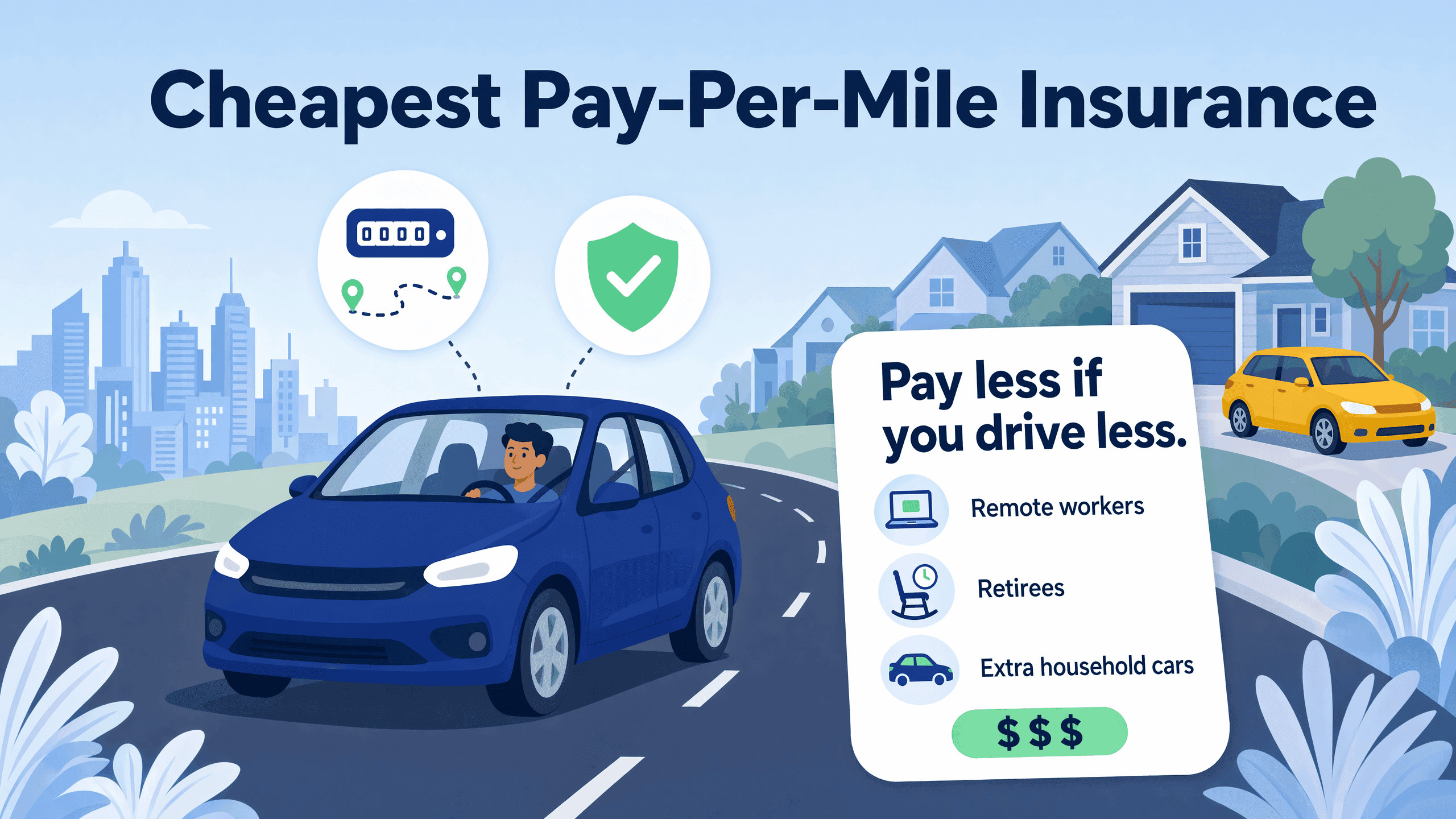 Illustration showing a man driving a car with icons for tracking mileage and insurance protection.