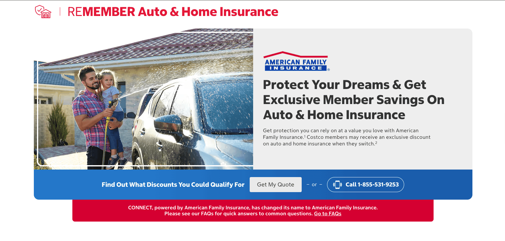Costco website page displaying American Family insurance partnership.