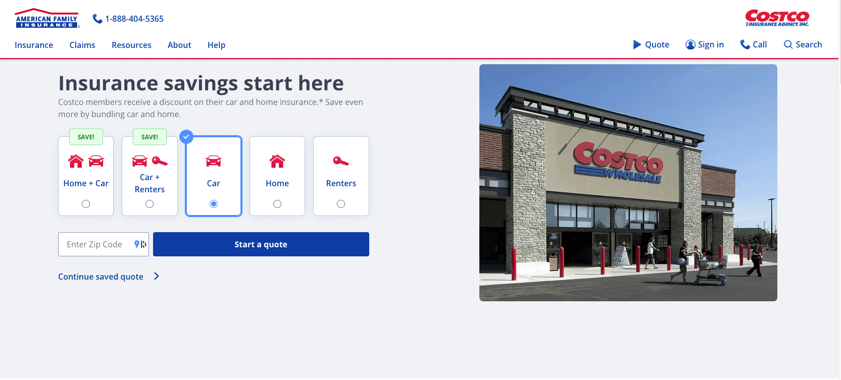Screenshot of Costco website page with text on red background that says "CONNECT, powered by American Family Insurance, has changed its name to American Family Insurance. Please see our FAQs for quick answers to common questions.