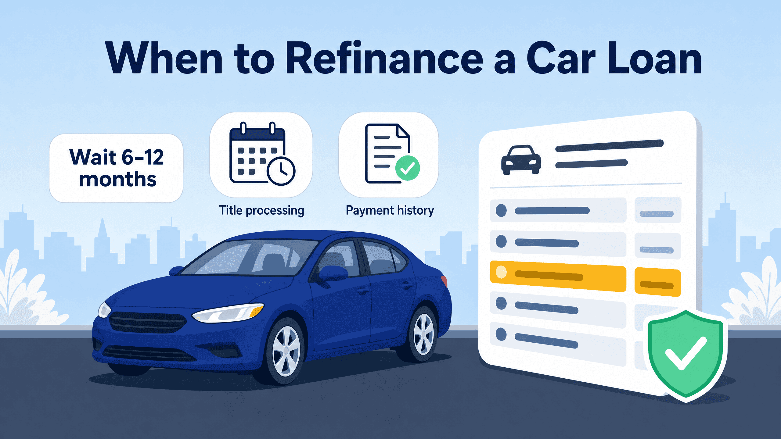 An illustration showing a blue car and icons representing title processing and payment history.