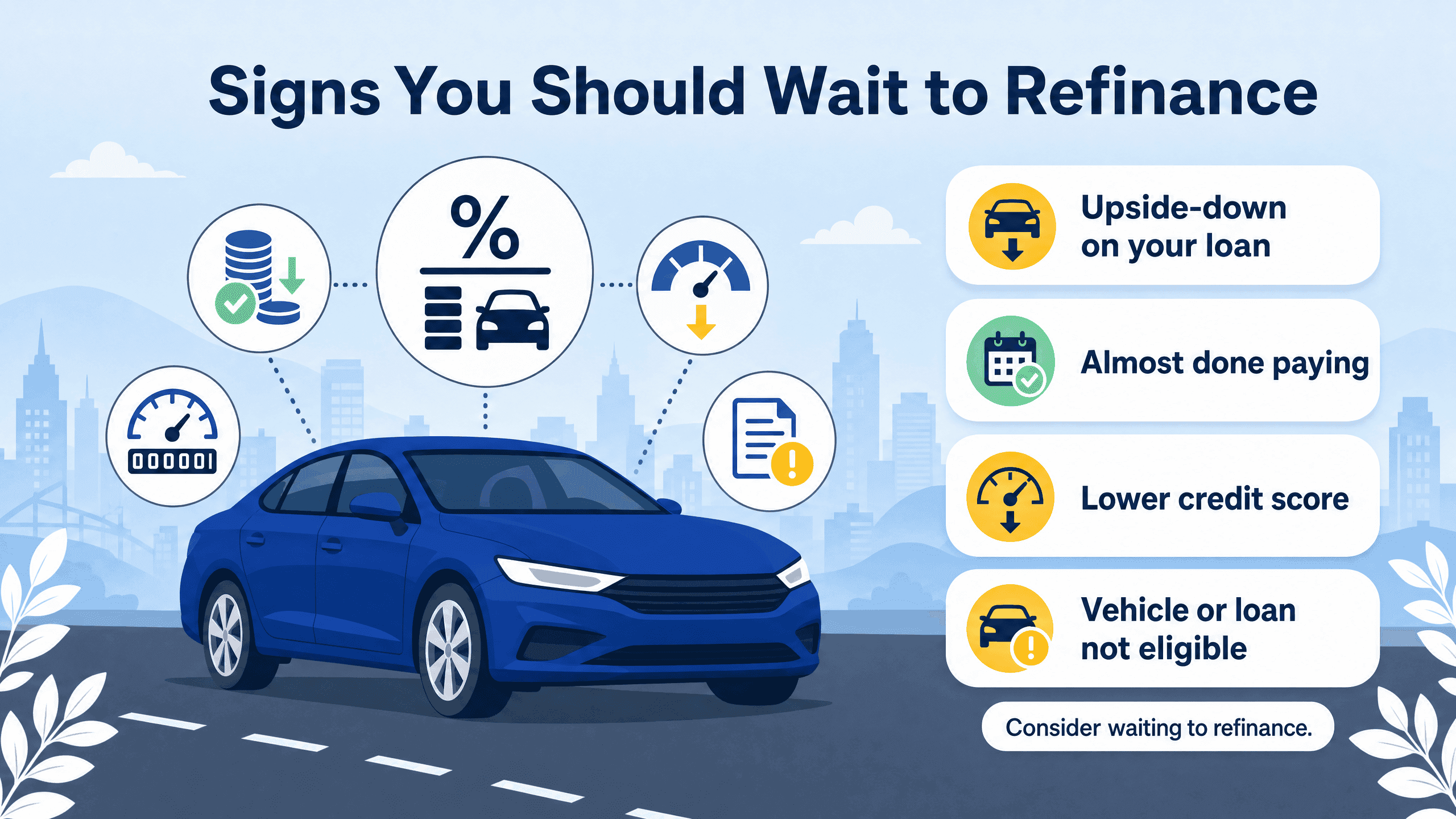 An infographic showing factors to consider before deciding to refinance a car loan.