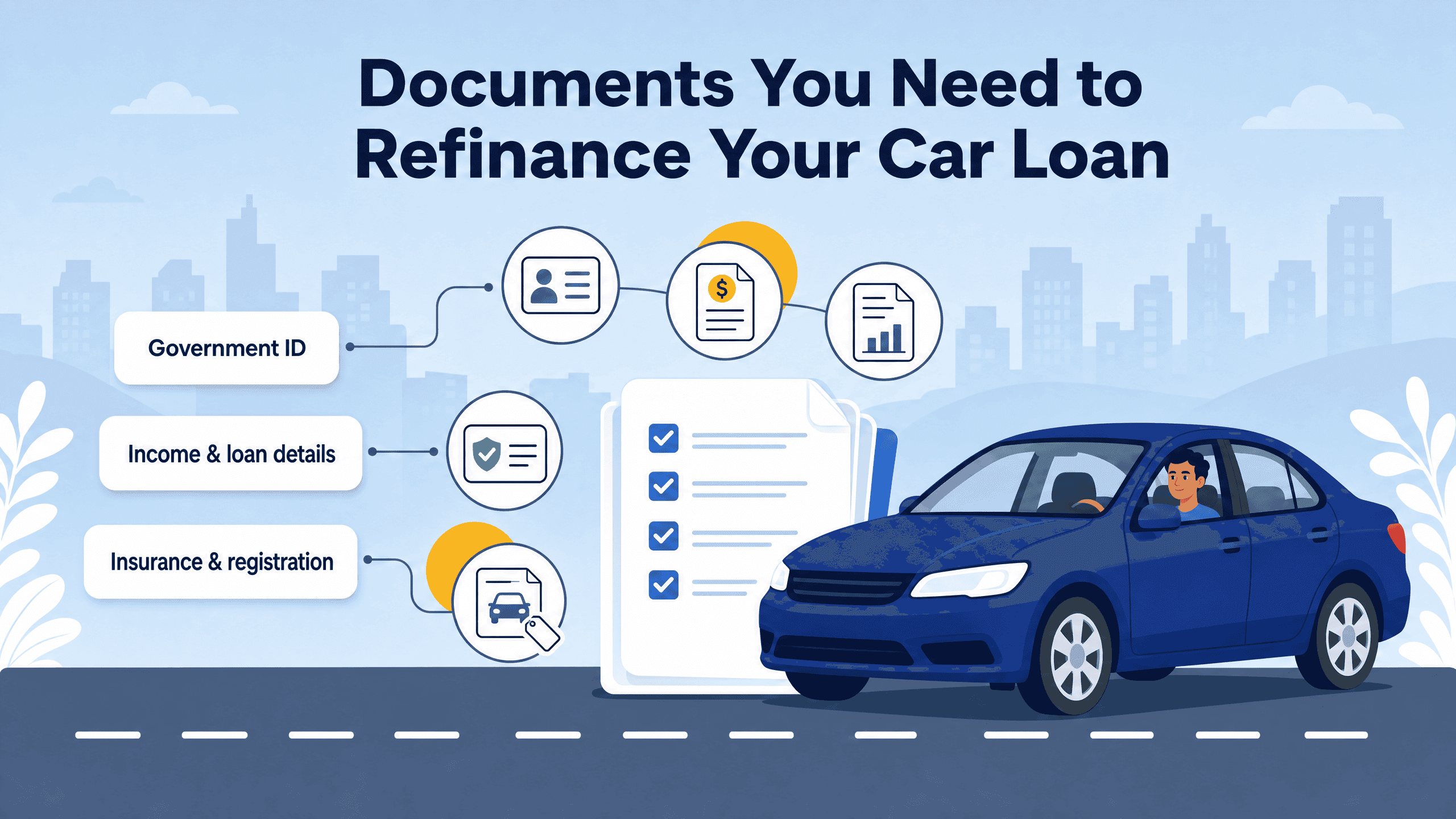 An infographic showing required documents for car loan refinancing with a car and checklist icons.