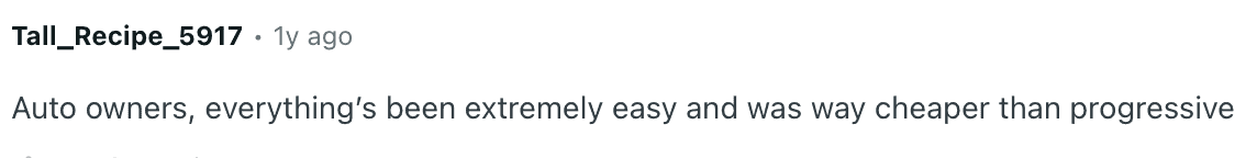  Screenshot of a Reddit comment from user Tall_Recipe_5917, posted 1 year ago, reading: "Auto owners, everything's been extremely easy and was way cheaper than progressive."