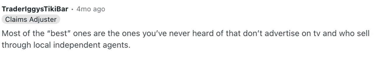 Screenshot of a Reddit comment from user TraderIggysTikiBar, tagged "Claims Adjuster," posted 4 months ago, stating that many of the best insurers are lesser-known companies that don't advertise on TV and sell through local independent agents.