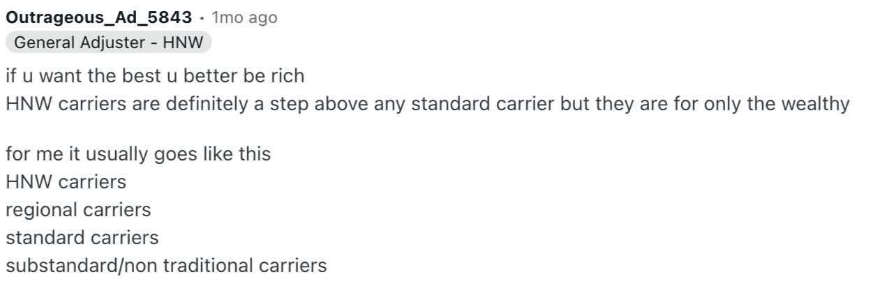 Screenshot of a Reddit comment from user Outrageous_Ad_5843, tagged "General Adjuster - HNW," posted 1 month ago, ranking insurance carrier tiers from best to lowest: HNW (high-net-worth) carriers, regional carriers, standard carriers, and substandard/non-traditional carriers, noting HNW carriers are reserved for wealthy clients.