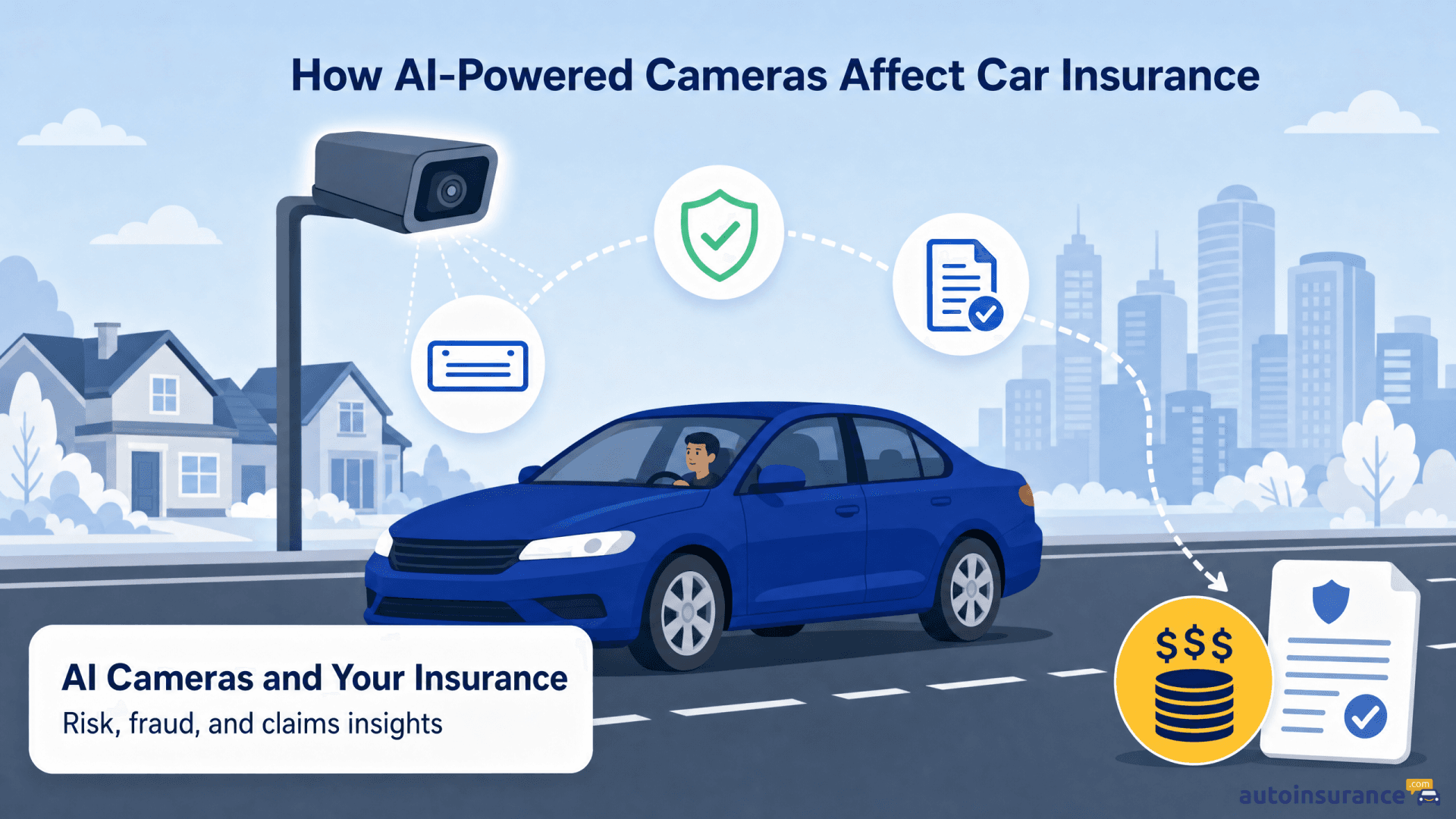 A blue car driving past a camera that tracks data for insurance and risk assessment.