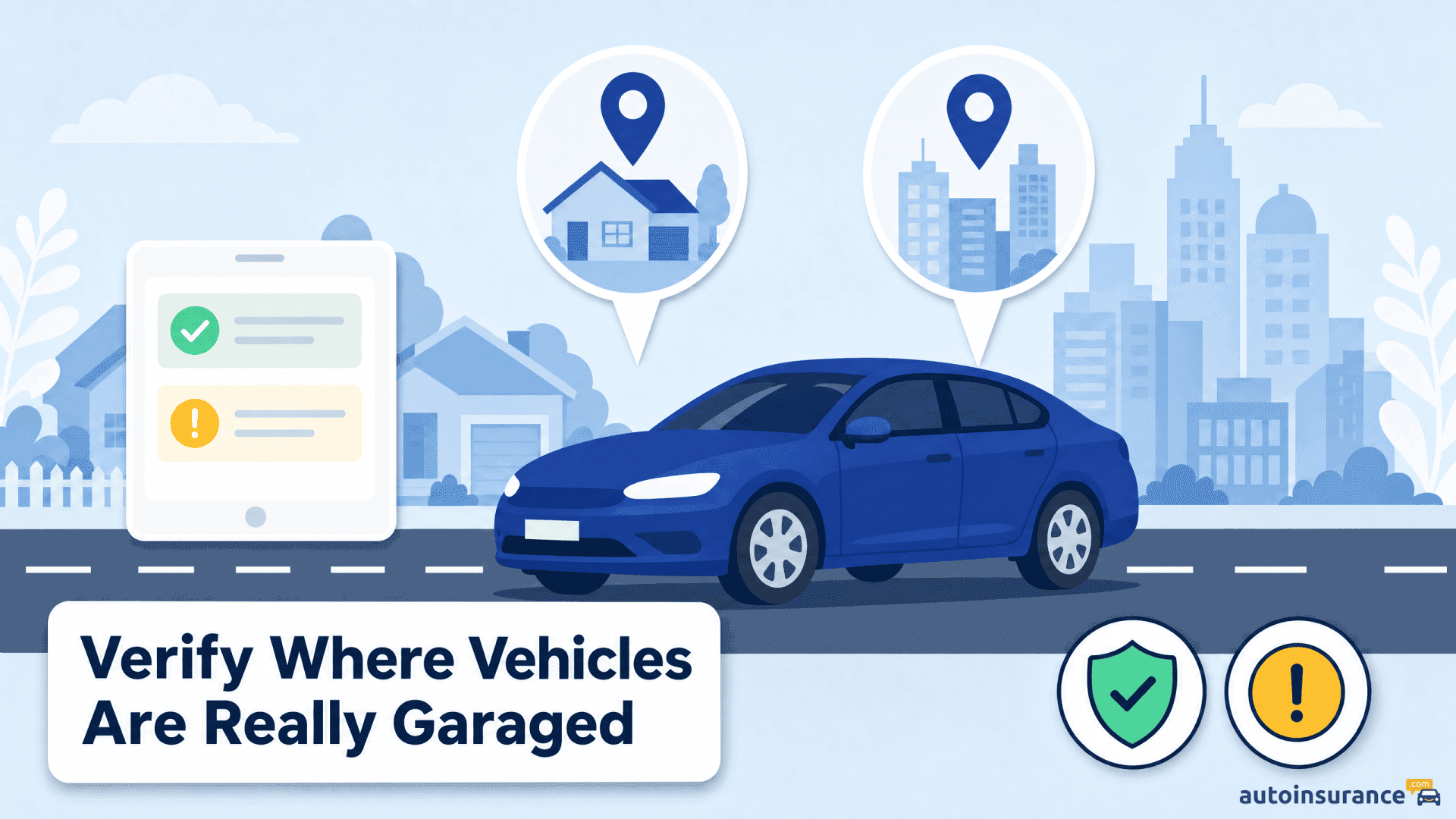 A blue car with location pins over a house and city skyline representing garage location tracking.