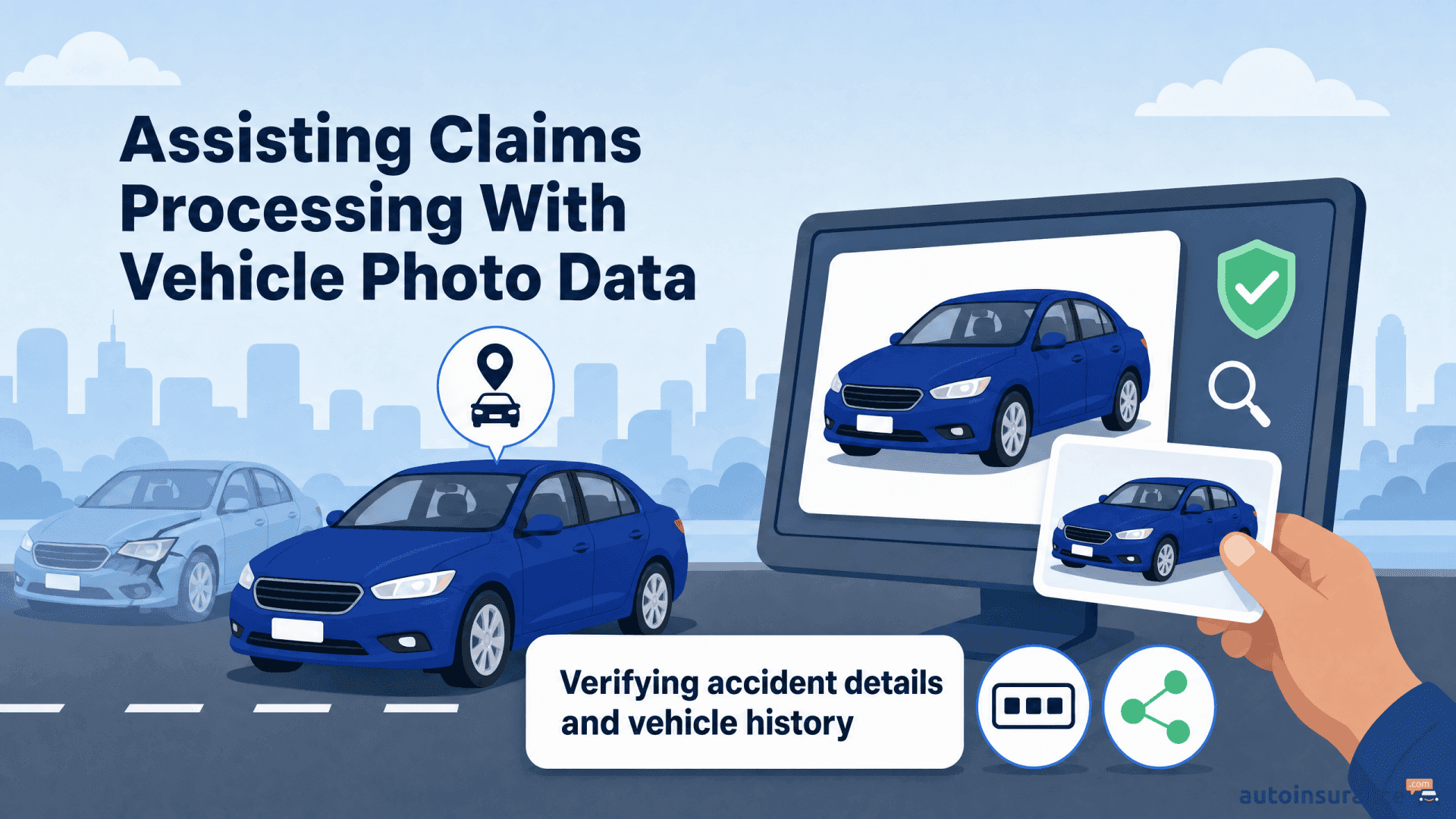 A hand holding a photo of a car while a computer screen displays vehicle location and claim data.