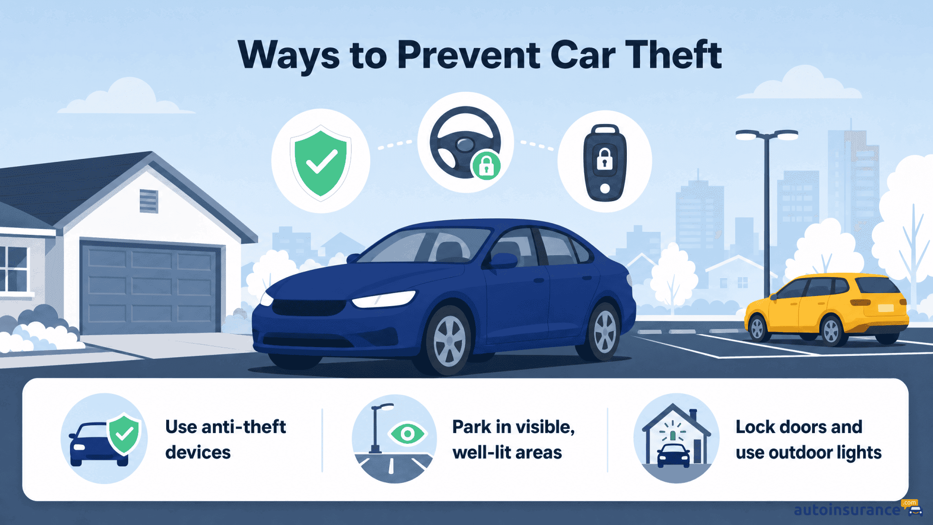 An infographic showing tips to prevent car theft with icons for locks and parking safety.
