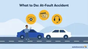 graphic of two cars that collided on a road with icons above them and a person standing in front of them