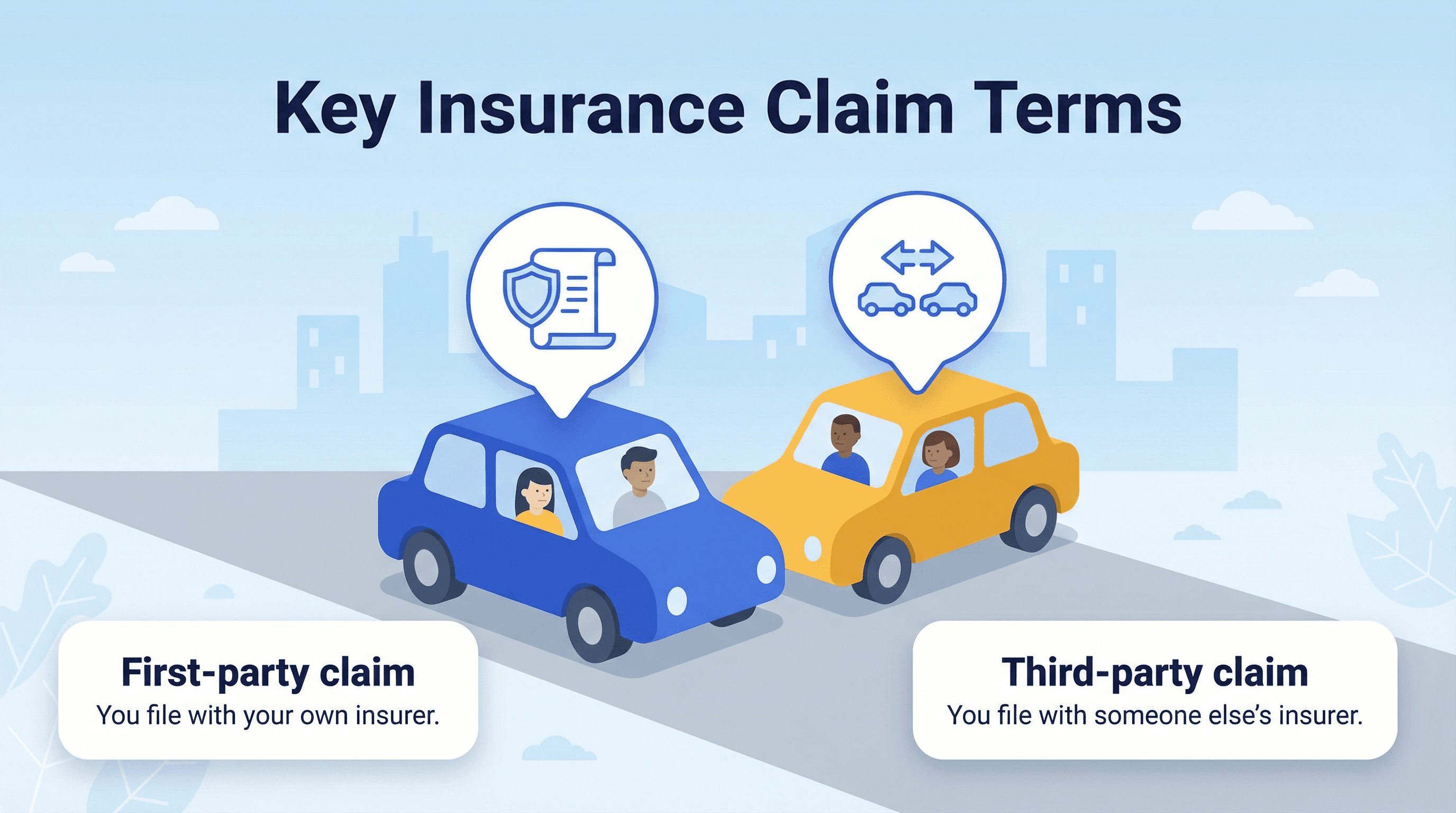 Illustration showing the difference between a first-party insurance claim and a third-party insurance claim after a car accident.