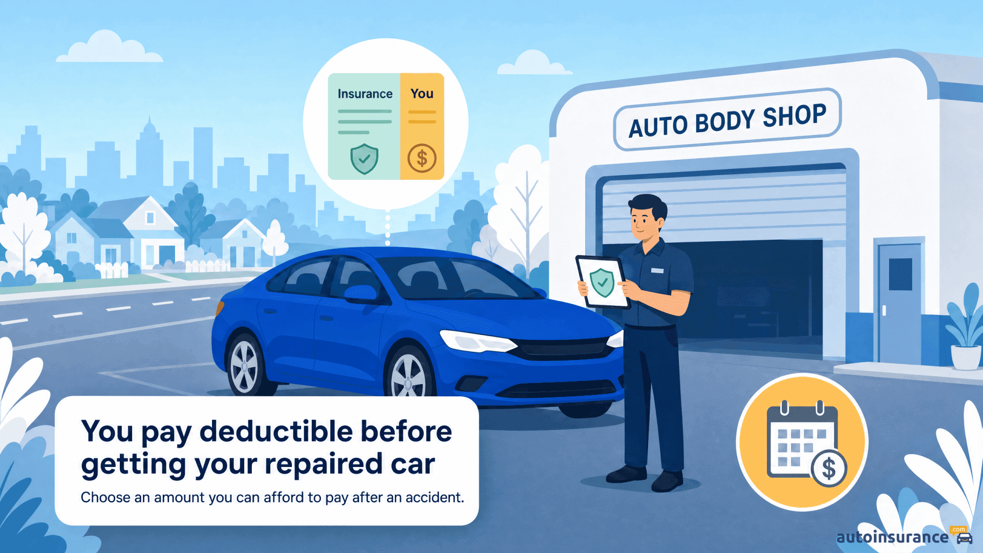 Illustration showing a blue car at an auto body shop with icons for insurance and payment