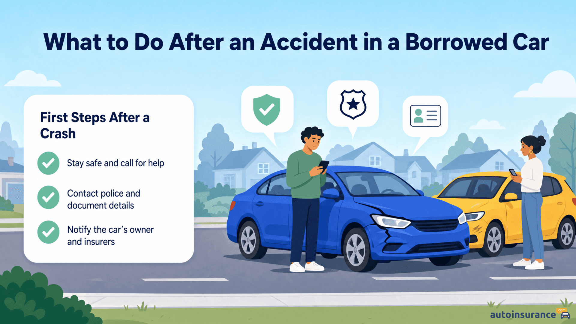 Illustration showing steps to take after a car accident while driving a borrowed vehicle