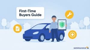 graphic of a man standing outside of a blue car