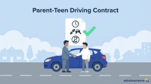 graphic of two people shaking hands in front of a car