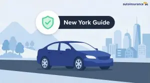 graphic of a car between mountains and a city skyline