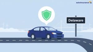 graphic of a car on a highway with a green shield above it