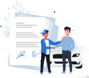 graphic of two people shaking hands in front of a large contract