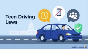 graphic of a car driving down a road with distracted icons above it