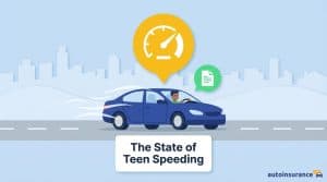 graphic of a teen driving a car with a speedometer graphic above it