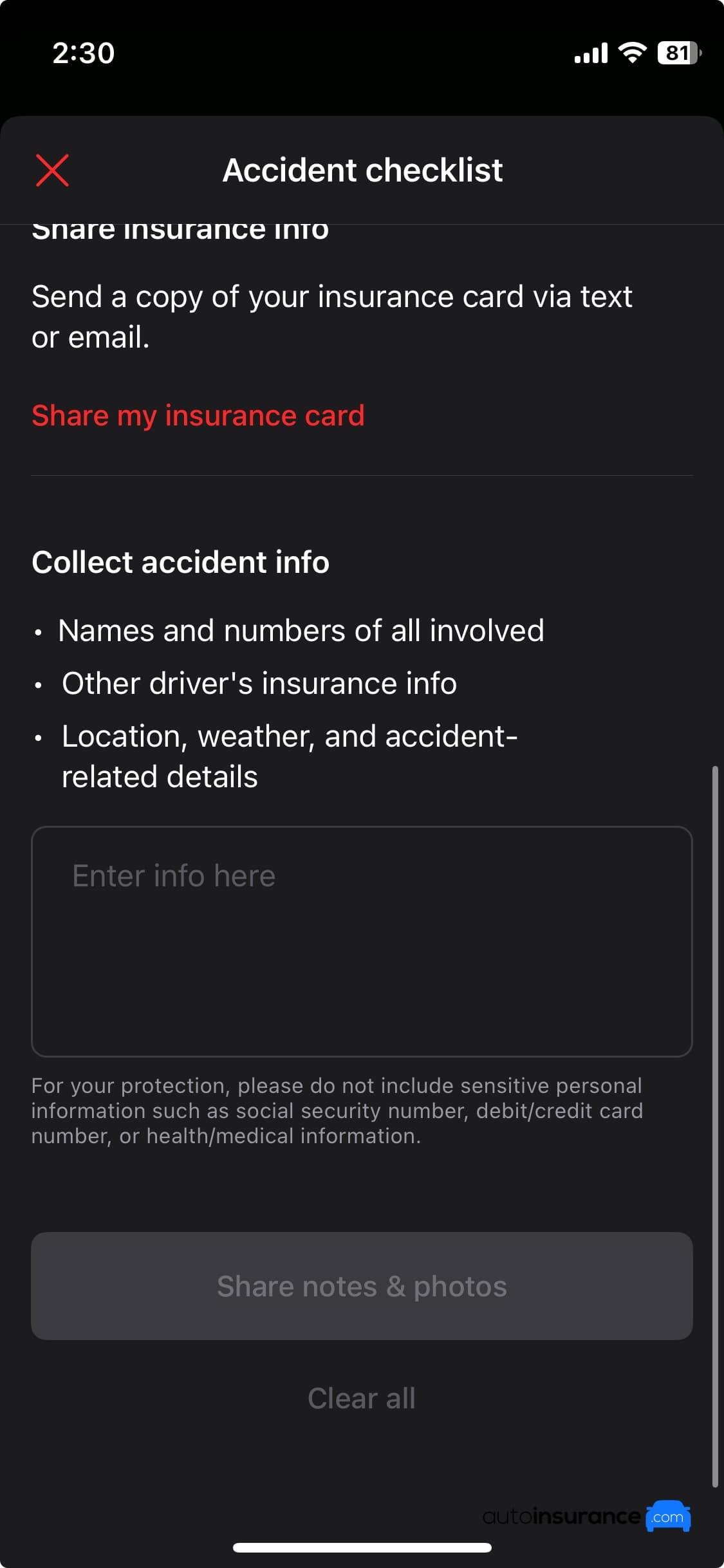 State Farm checklist collect accident info