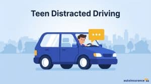 graphic of a teen driving a car with a texting icon above them