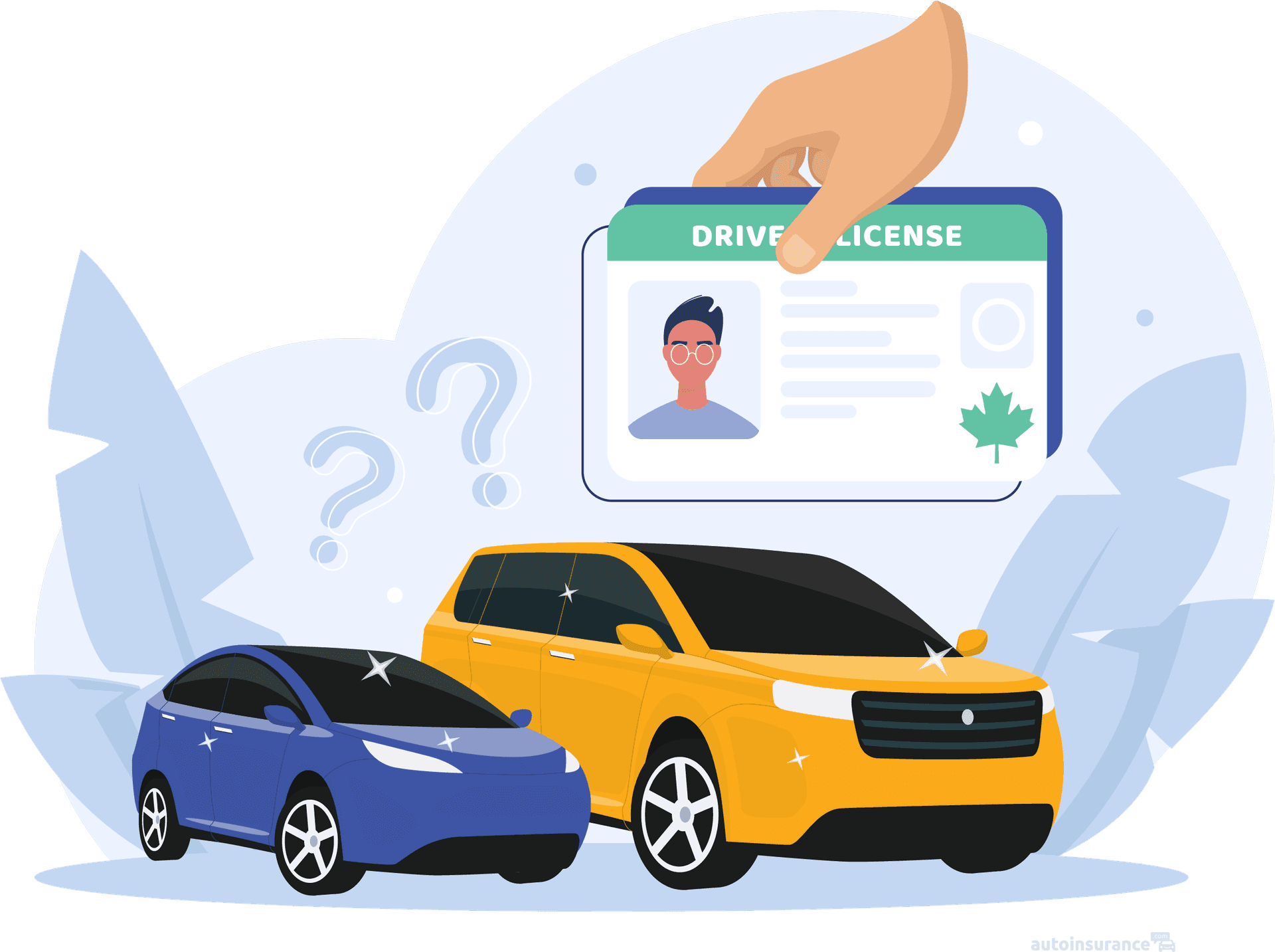 Blue car and yellow car in front of person holding driver license
