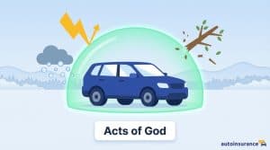 graphic of a car in a bubble wiht lightening, snow, and a fallen tree