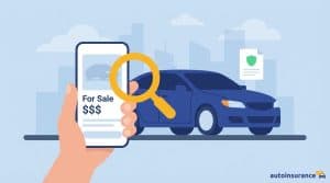 graphic of a car with a magnifying glass in front of a mobile phone