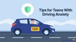 graphic of a person driving a car with an icon of a shield above it