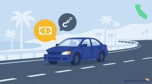 graphic of a car driving on a road with a tow hitch icon above it