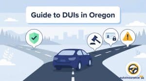 graphic of a car driving toward a city with legal icons above it