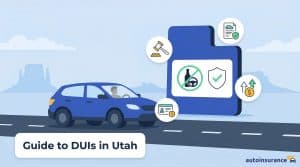 graphic of a car with legal icons above it