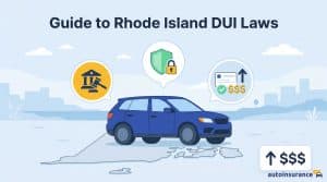 graphic of a car on a map of rhode island and legal icons above it
