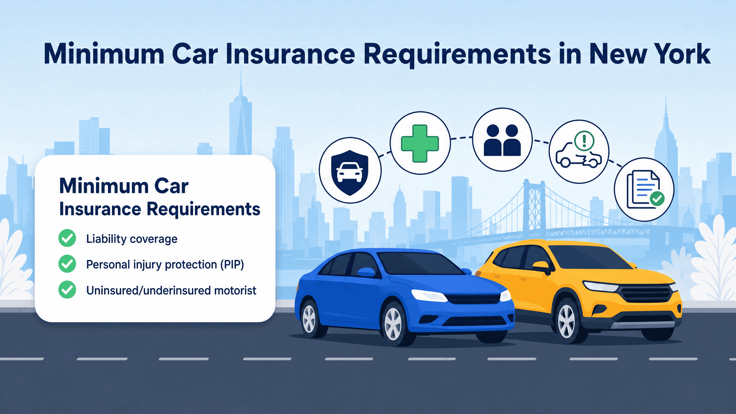 Illustration showing two cars in front of a city skyline with insurance icons and requirements.