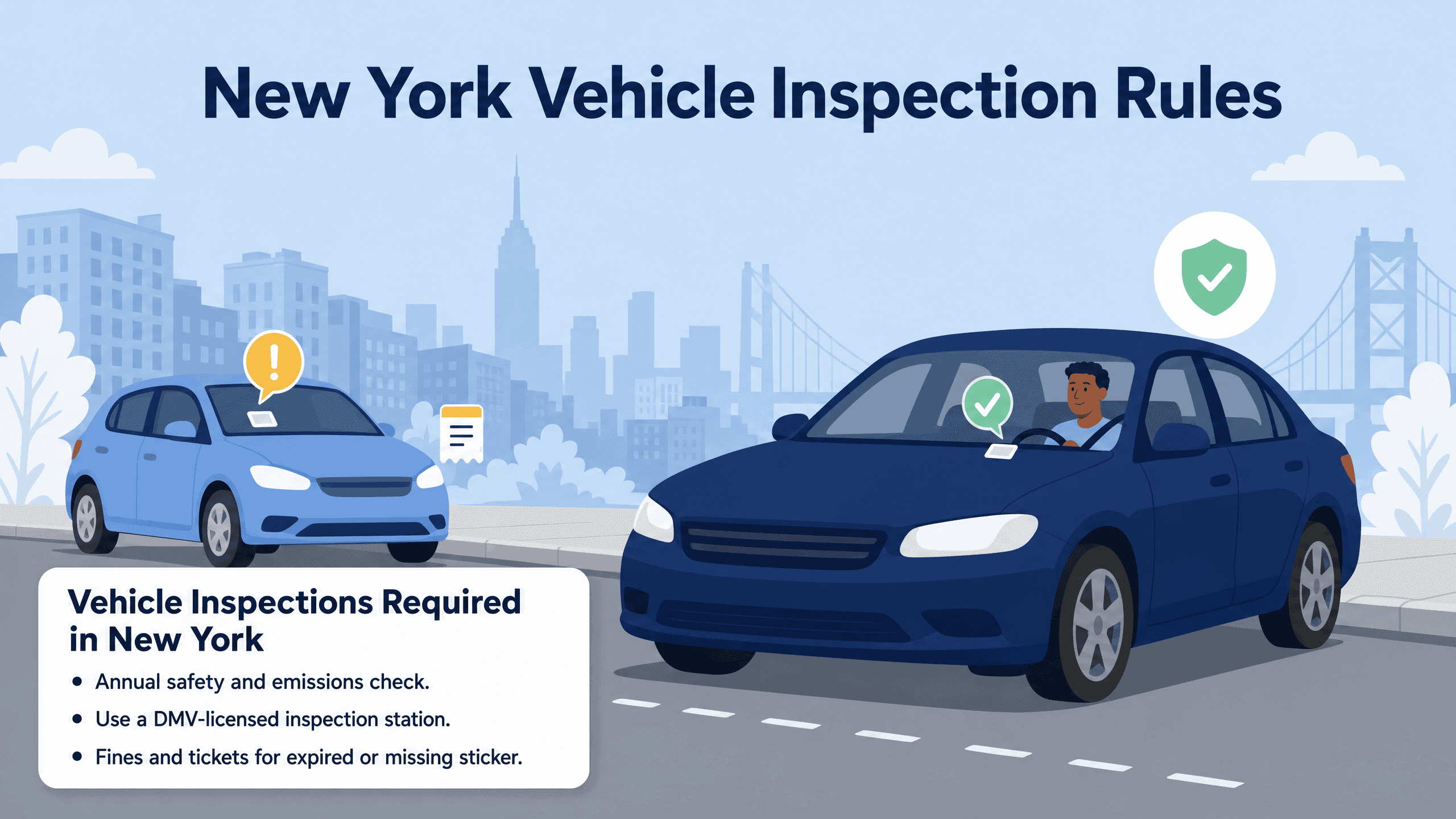 Illustration showing a car with a valid inspection sticker compared to one with an expired sticker.