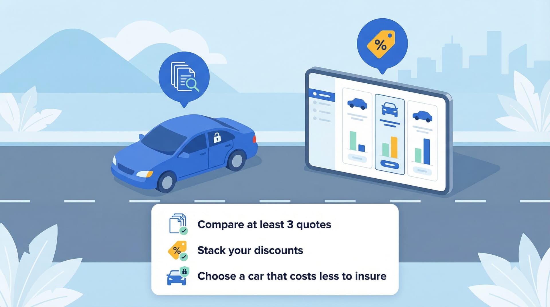 Infographic listing three tips to save on Utah car insurance beside a car and comparison tablet.