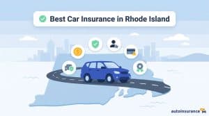 graphic of a car on a map of rhode island with a cityscape in the background