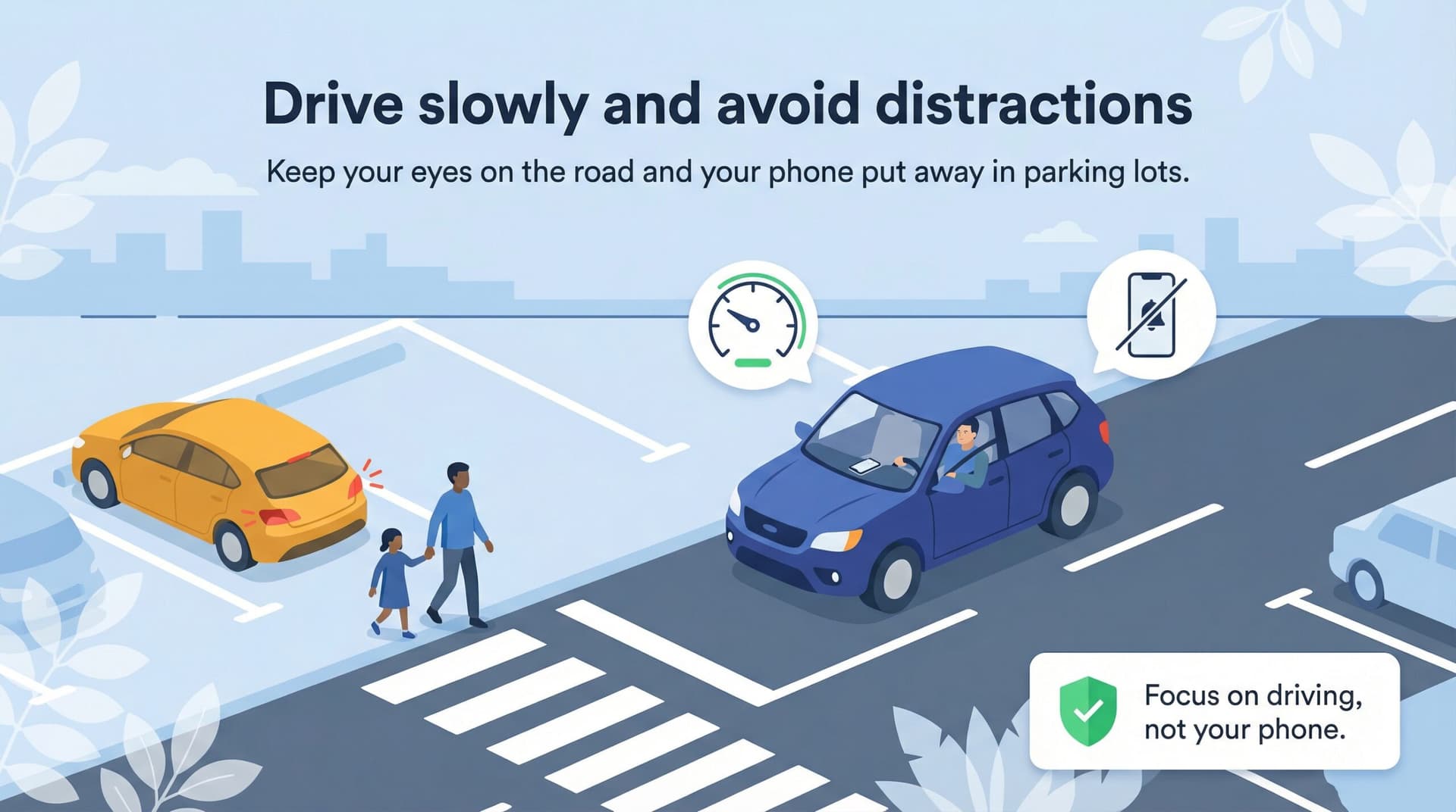 Illustration of a car driving slowly in a parking lot, avoiding phone use while pedestrians walk nearby.