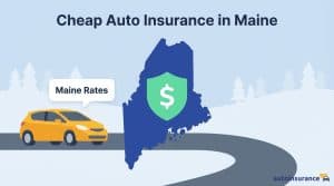 car driving down a road near a map of maine