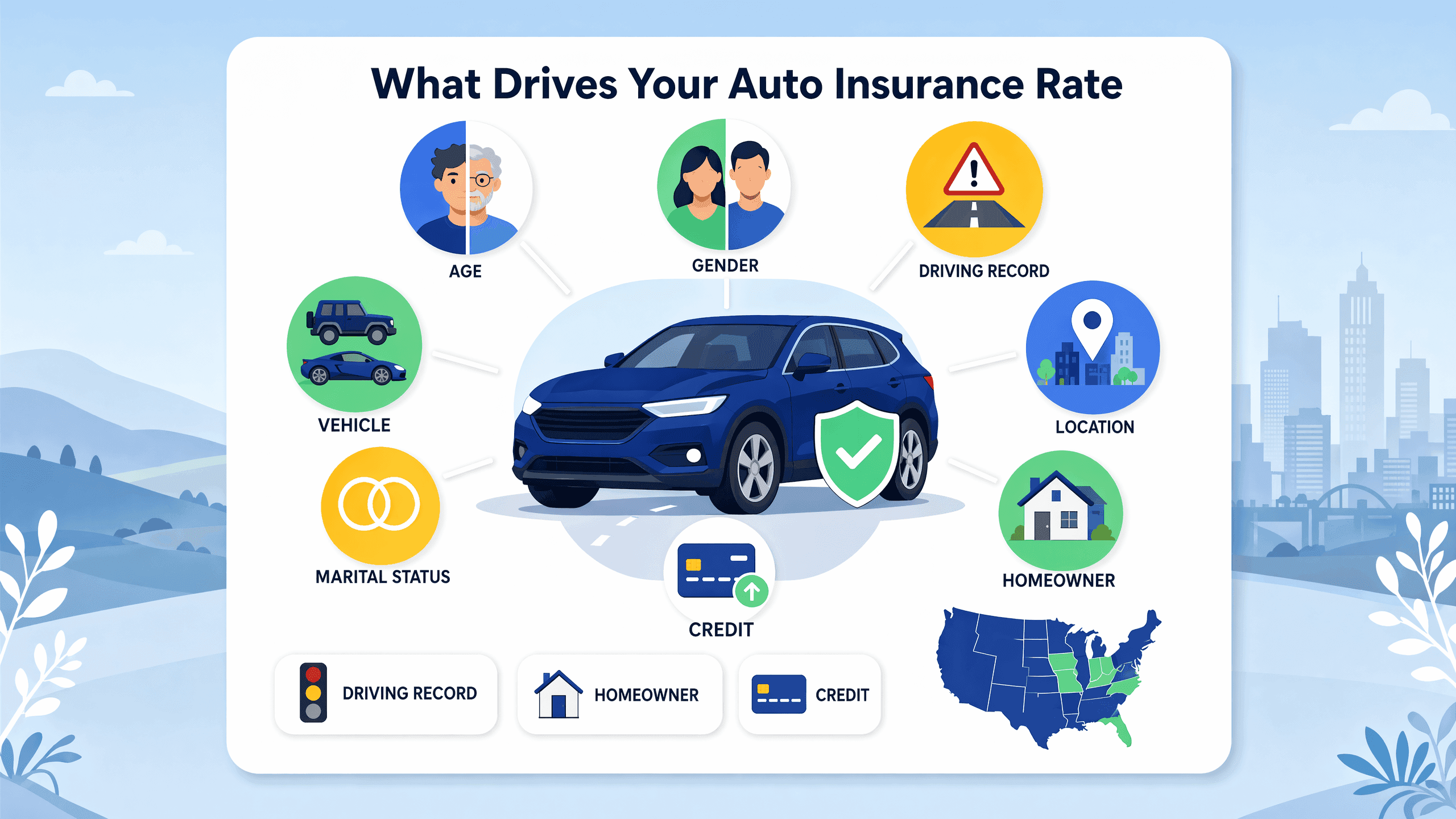 An infographic showing factors like age, gender, and credit score affecting auto insurance rates.