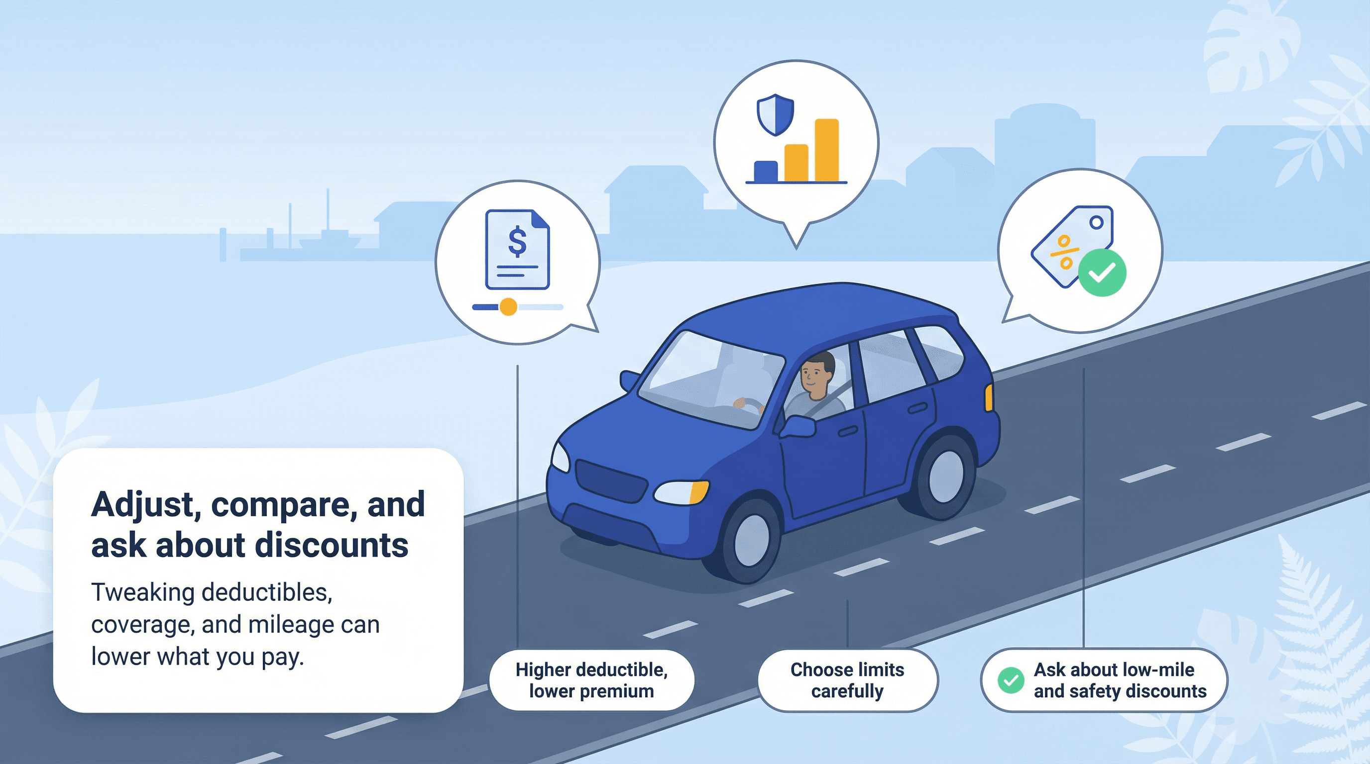 Infographic with a car and three tips for saving on car insurance: adjust deductibles, choose limits, and ask about discounts.