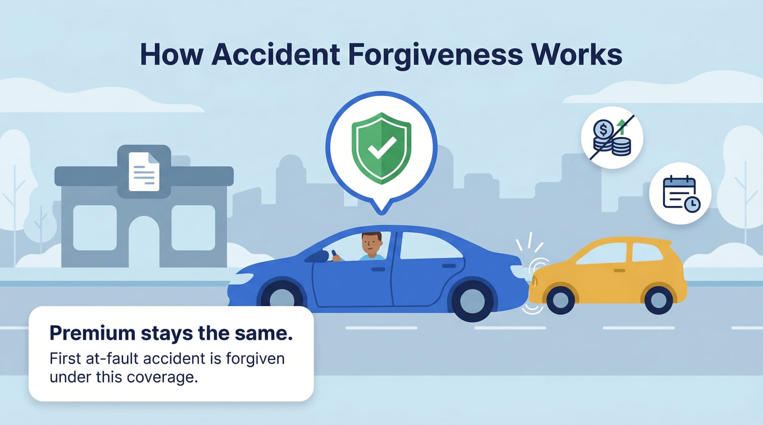 An infographic titled 'How Accident Forgiveness Works' showing a car accident where the premium stays the same.